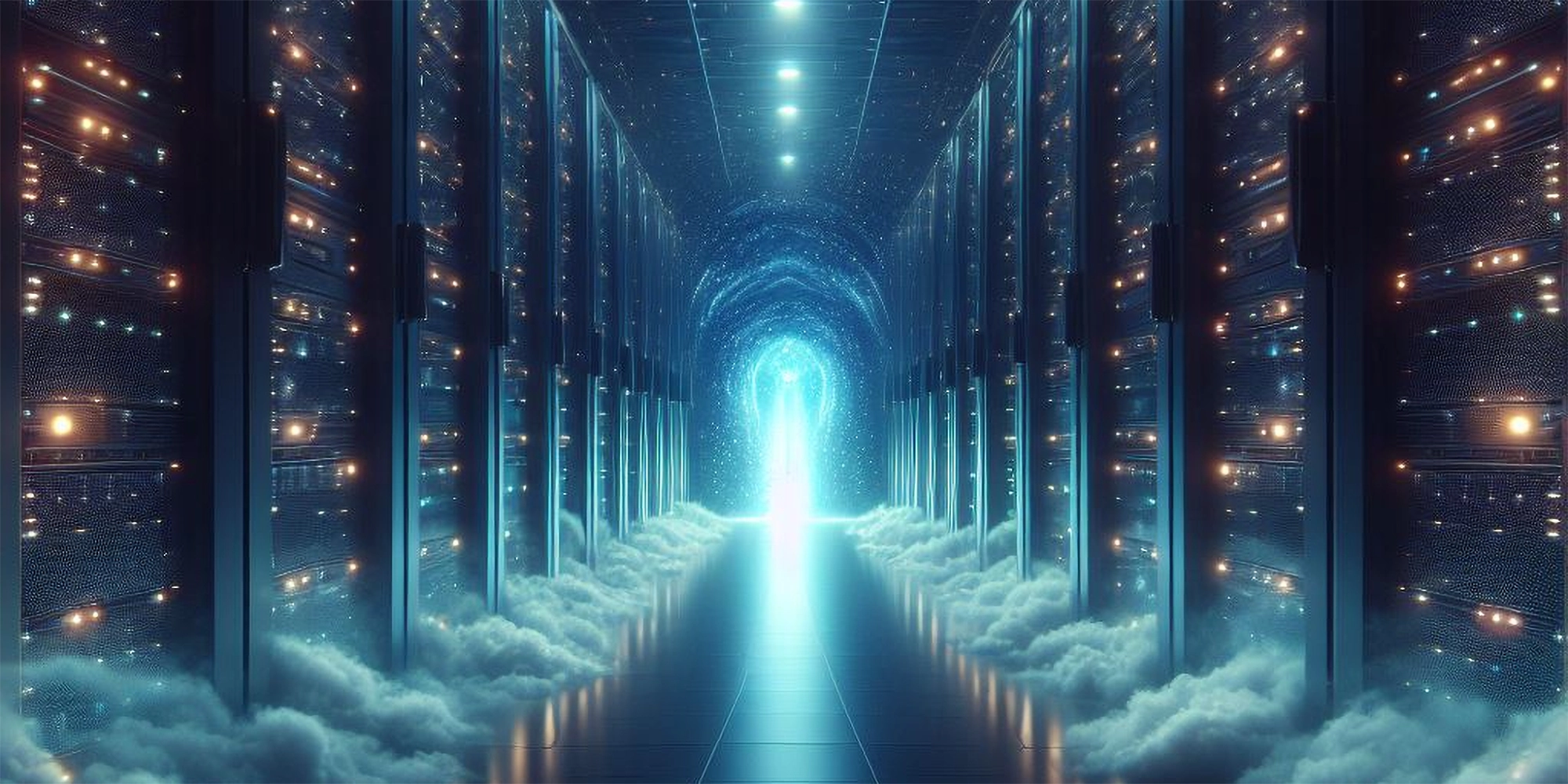 A dark hallway of servers. Blinking lights lead towards a glowing doorway