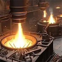 A view into a busy futuristic foundry, where molten metals are being poured into large vats ready for manufacture