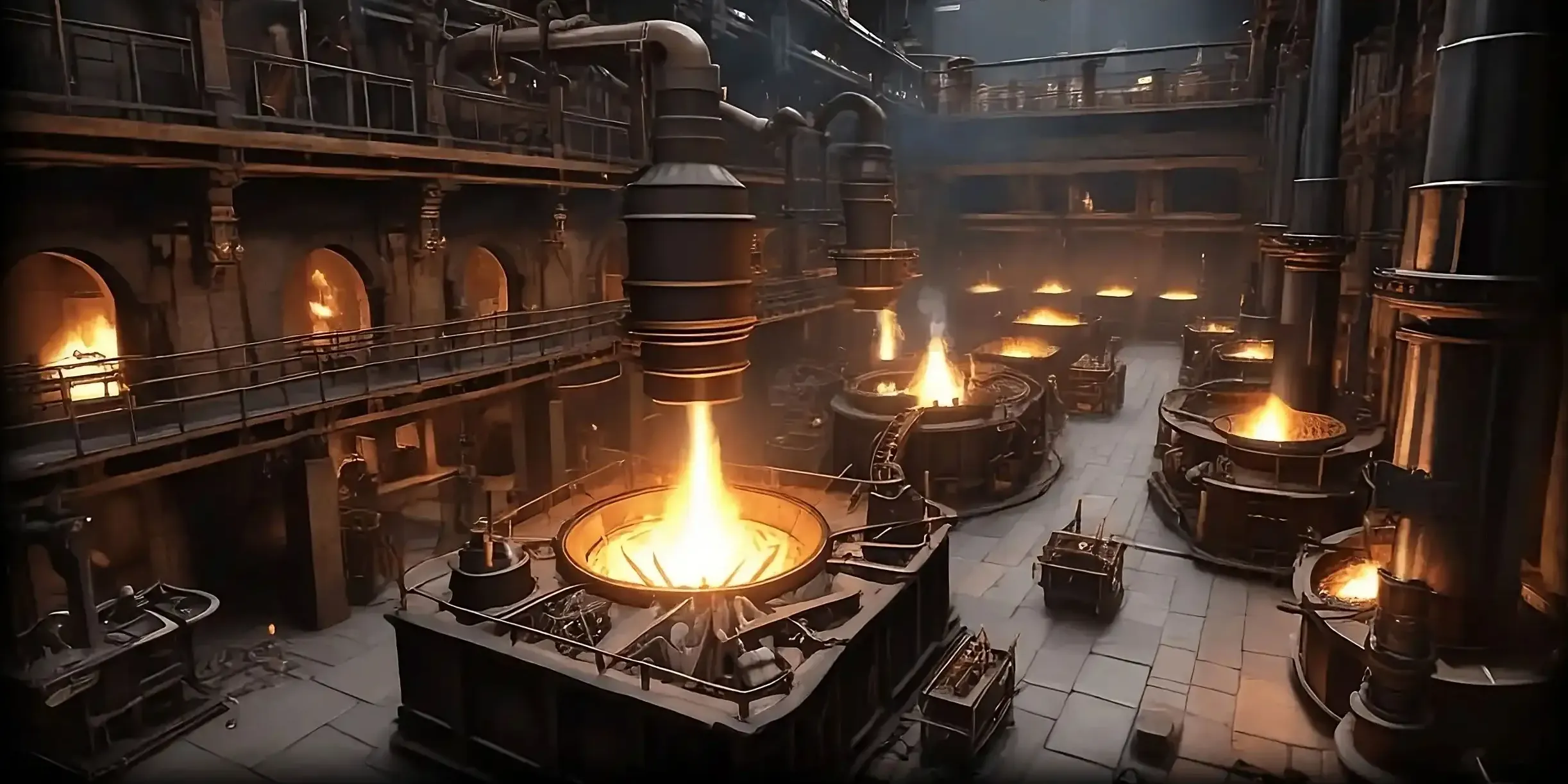 A view into a busy futuristic foundry, where molten metals are being poured into large vats ready for manufacture