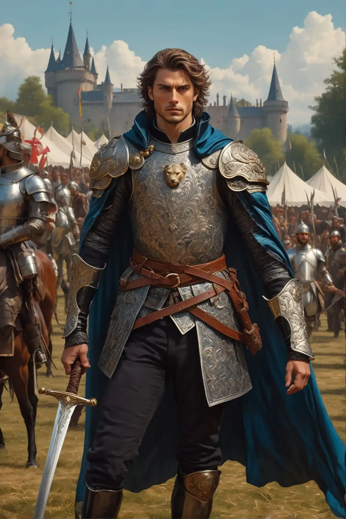 handsome young squire in front of a medeival encampment